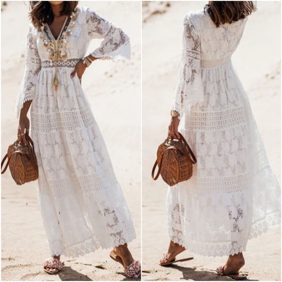 04 Floral Lace Tassel Pom Pom V neck maxi Dress - Picture 3 of 8